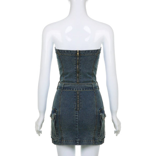 Nia Belted Denim Strapless Mini Dress - CloudNine Fash Boutique