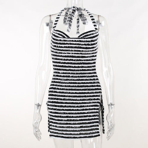 Not So Black And White Side Slit Halter Mini Dress - CloudNine Fash Boutique