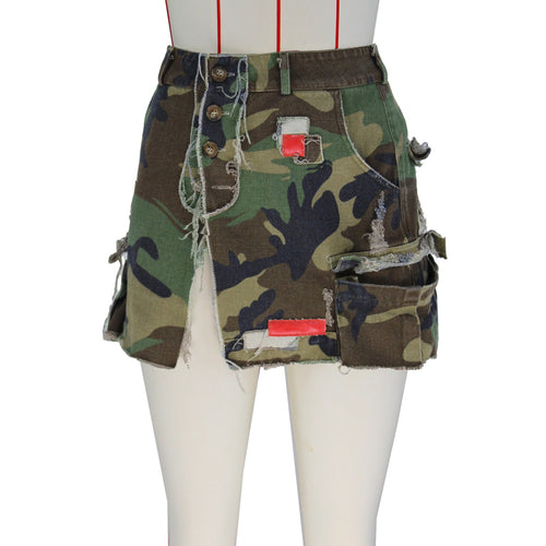 Patched Open Fire Distressed Camo Cargo Mini Skirt - CloudNine Fash Boutique