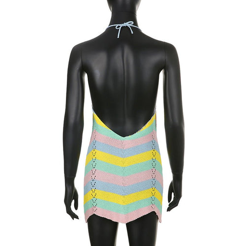 Skye Chevron Crochet Halter Backless Mini Dress - CloudNine Fash Boutique