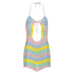 Skye Chevron Crochet Halter Backless Mini Dress - CloudNine Fash Boutique