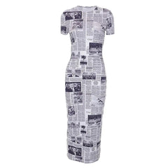 Talk Of The Town Newspaper Printed Short Sleeve Midi Dress - CloudNine Fash Boutique