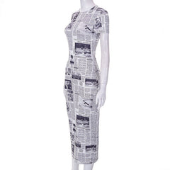Talk Of The Town Newspaper Printed Short Sleeve Midi Dress - CloudNine Fash Boutique
