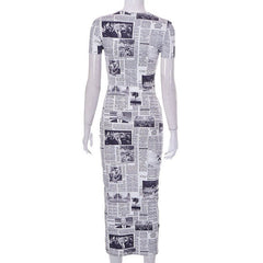 Talk Of The Town Newspaper Printed Short Sleeve Midi Dress - CloudNine Fash Boutique