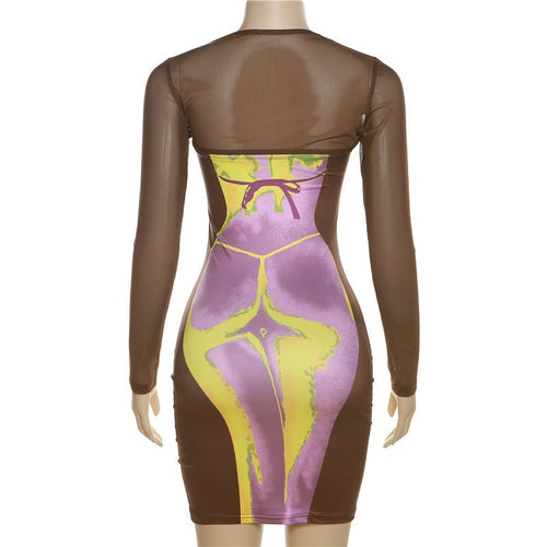 Wonderland Body Print Cutout Mesh Sleeve Mini Dress - CloudNine Fash Boutique